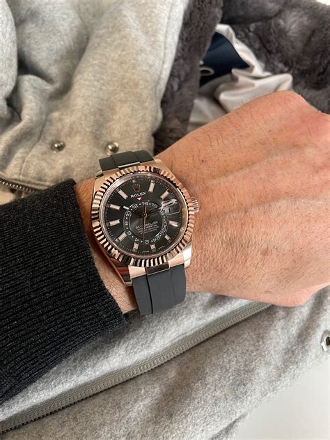 rolex sky dweller rose gold rubber strap|rolex sky dweller sale.